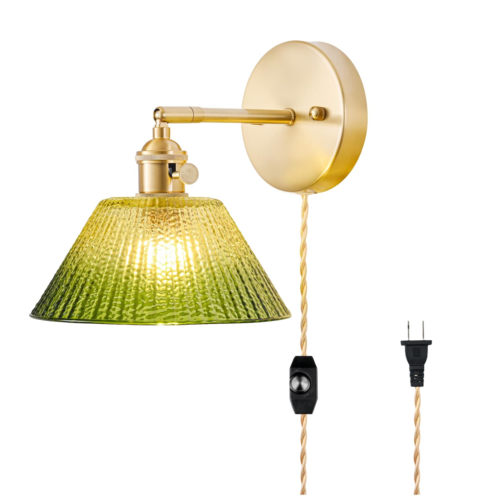 LINSEEDS Plug in Wall Sconce, Vintage Sconce Light with Gradient Green Glass Lampshade, Bedside Wall Sconce with Switch and Plug in Wall Lamp Cord, Gold Wall Light for Bedroom