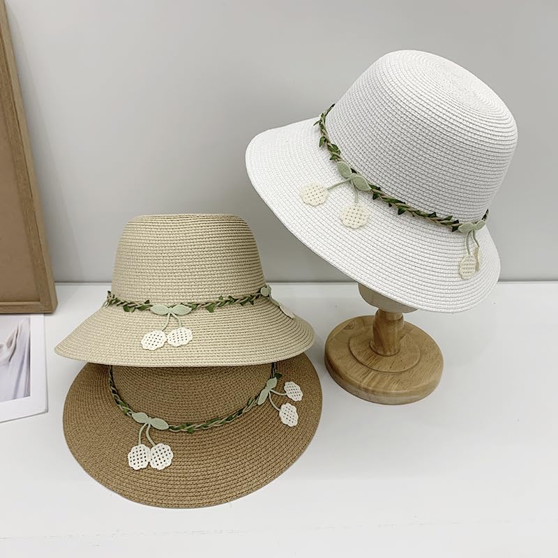 Sombrero de Paja de Verano para Mujer,de ala Ancha,Ligero,con Estampado de Cerezas,Plegable,Transpirable,para Playa,Actividades Al Aire Libre
