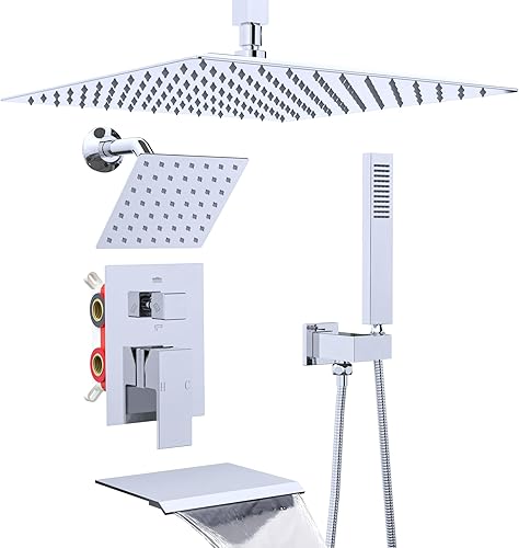 Miniatura 7 de Sistema de ducha de lluvia negro mate con chorros, sistema de ducha de lluvia de montaje en techo de 12 pulgadas y rociador de mano, juego combinado