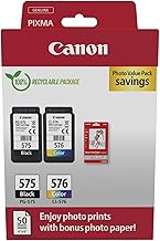 Canon PG-575 / CL-576 Genuine Ink Cartridges, Pack of 2 (1 x Black, 1 x Colour); Includes 50 sheets of 4x6 Canon Photo Paper - Cardboard Multipack