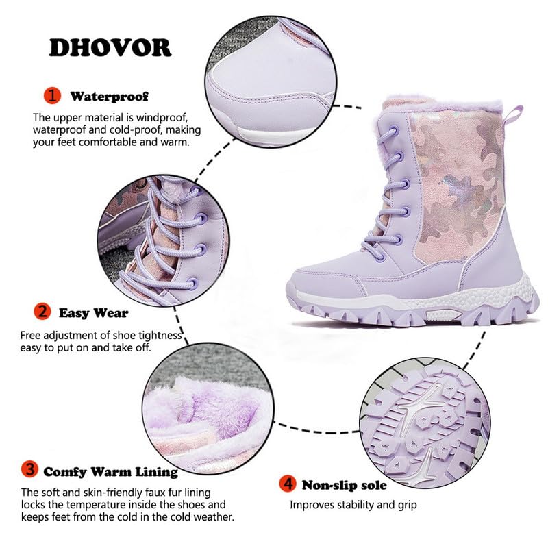 DHOVOR Girls Snow Boots Kids Winter Boots Waterproof Warm Snow Shoes Non-Slip Hiking Boots (Little Kid/Big Kid)2