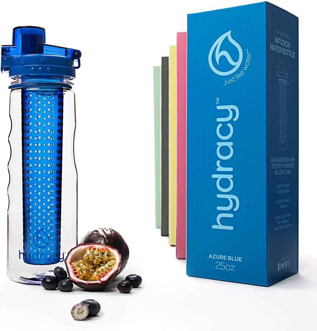 Hydracy Fruit Infuser Water Bottle - 25 Oz Sports Bottle with Full Length Infusion Rod and Insulating Sleeve Combo Set + 27 Fruit Infused Water Recipes eBook Gift - Azure Blue