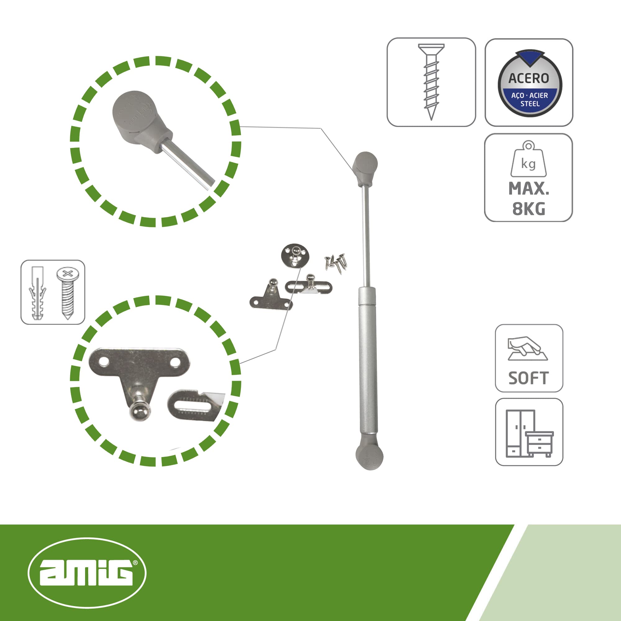 Amig - Bussola a gas per sollevamento porte apribili per mobili - Mod.97-247 x 15 mm - Resistenza di carico: 8 kg - Ammortizzatore per apertura verso l'alto senza impatto - Argento