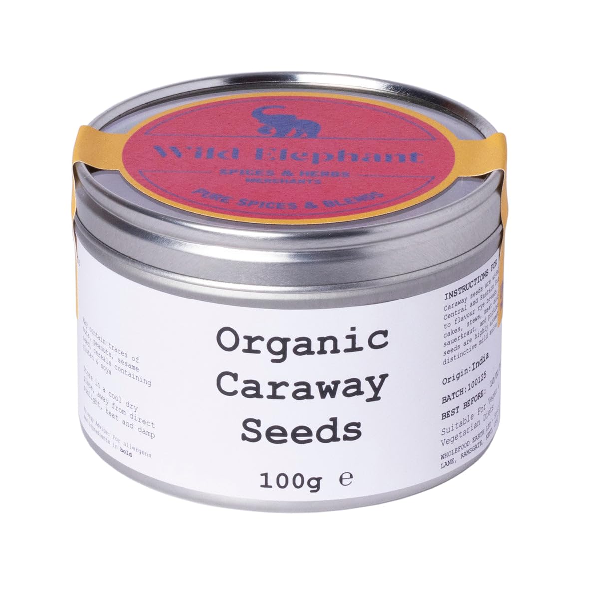 Wild Elephant Organic Whole Caraway Seeds 100g - 100% Pure, No Additives - For Rye Bread, Sauerkraut & European Cooking - Packed in UK