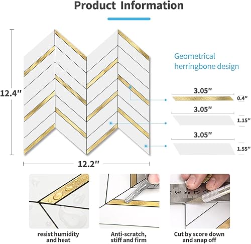 Miniatura 4 de Art3d 1 hoja de espiga para despegar y pegar, azulejos de mármol autoadhesivos para azulejos de pared para cocina, baño. (metal dorado mezclado