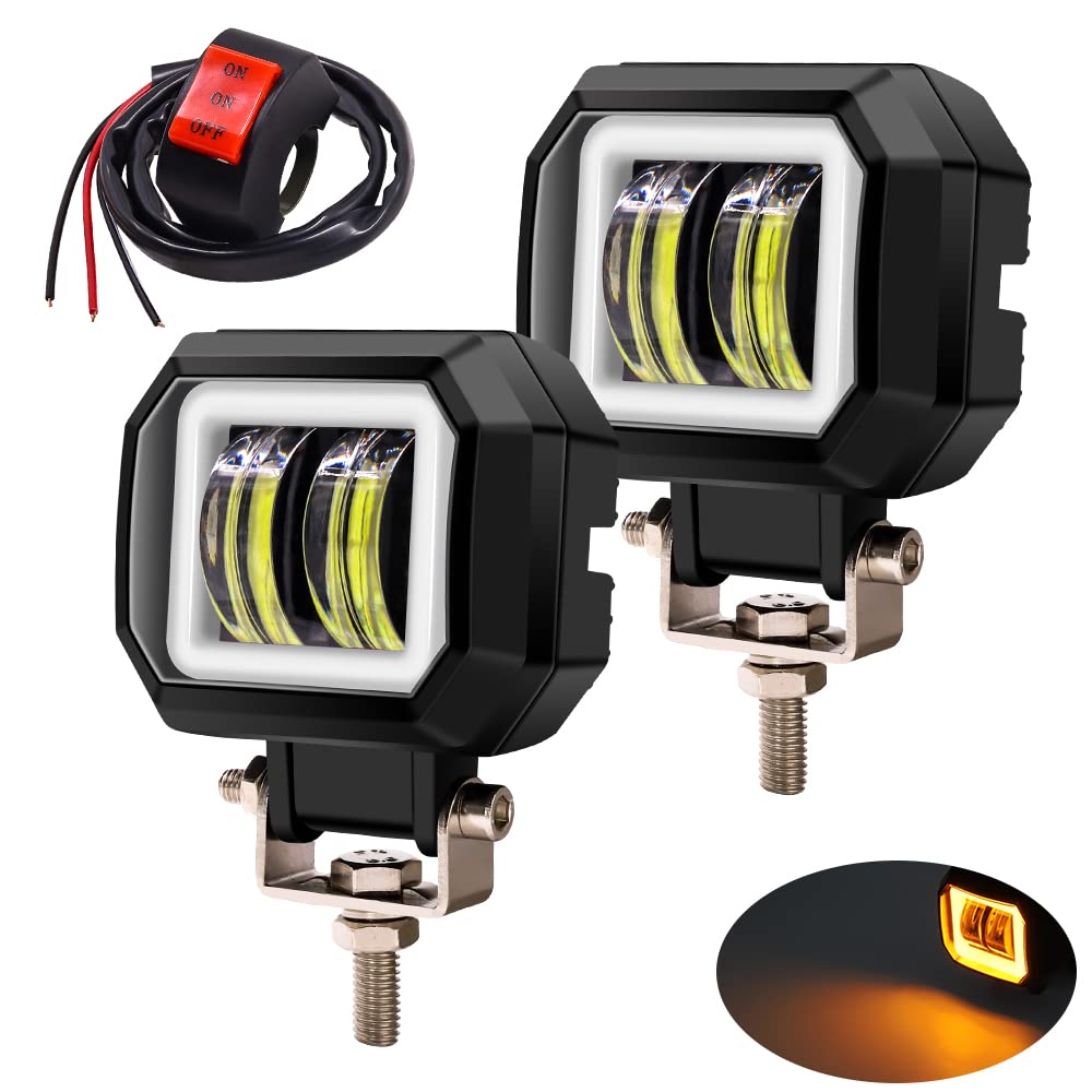 Led Fog Lights Angel Eye with Switch, 2pc Offroad LED Square Driving Work Light Bars for Motorcycle ATV Offroad Trucks Agricultural Vehicles Farming Heavy Equipment(White Beam with Yellow Halo Ring)