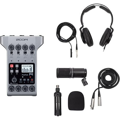 Zoom PodTrak P4 Portable Multitrack Podcast Recorder Bundle with Zoom ZDM-1 Podcast Pack