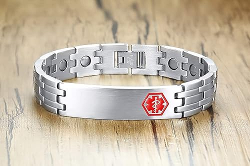 Miniatura 5 de MEALGUET Pulsera de identificación médica para hombres grabado gratuito de acero inoxidable, alerta médica masculina, joyería de identificación