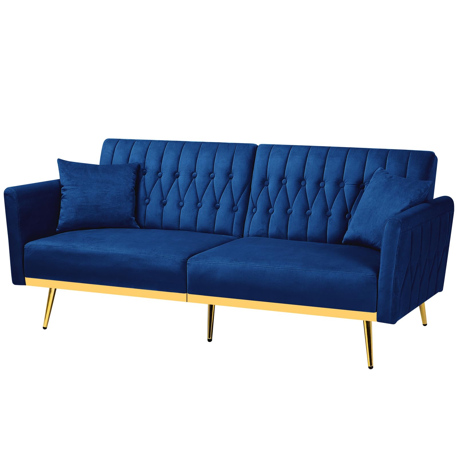 70” Velvet Futon Sofa Bed w/Adjustable Armrests, Blue | Convertible Sleeper Bed w/Adjustable Backrests, Modern Loveseat Couch w/Two Pillows for Living Room, Bedroom
