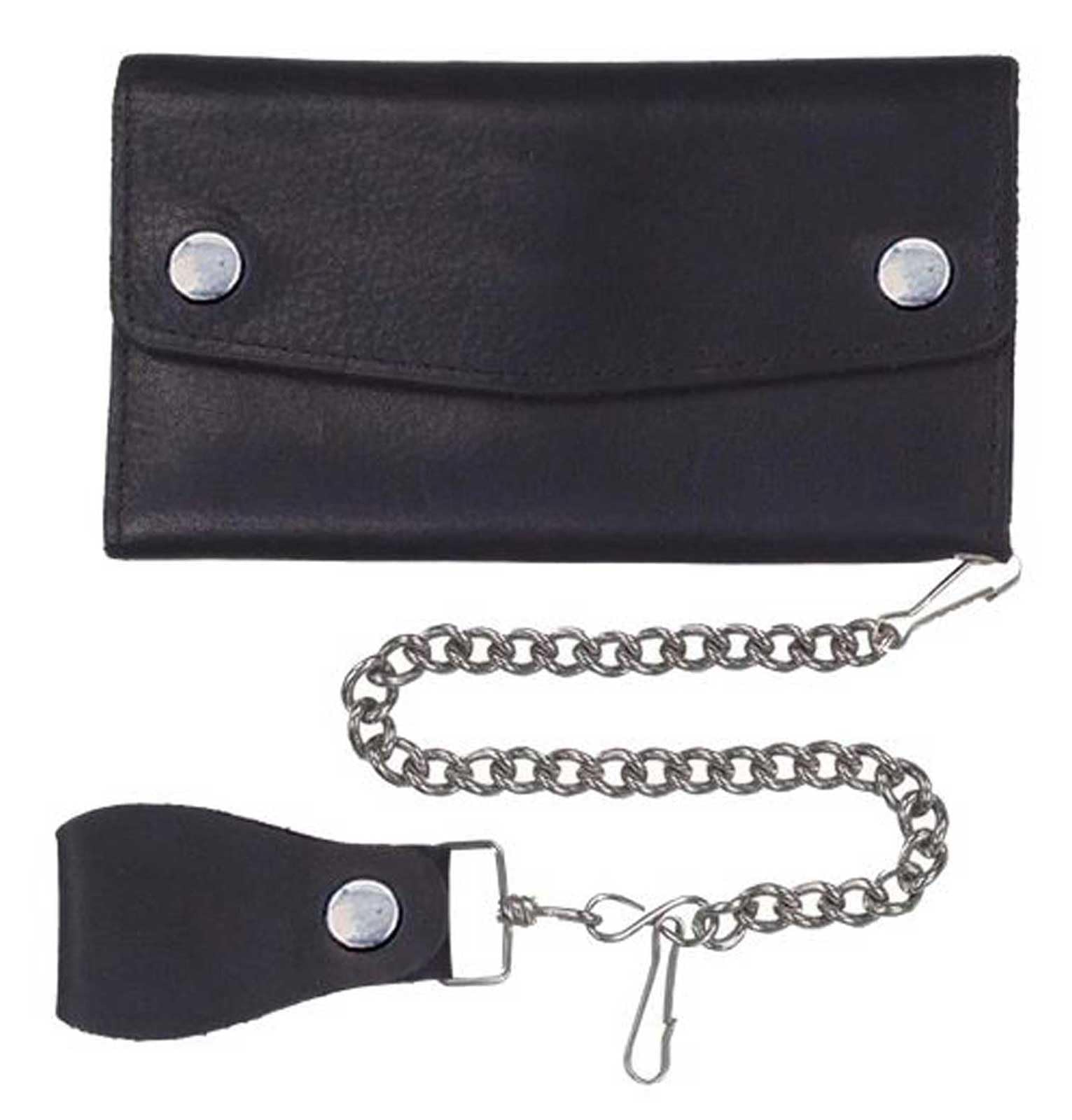 Genuine Black Cowhide Leather Chain Wallet for Men - Trifold Long Motorcycle Biker Wallet with Durable Chain and Multiple Card Slots