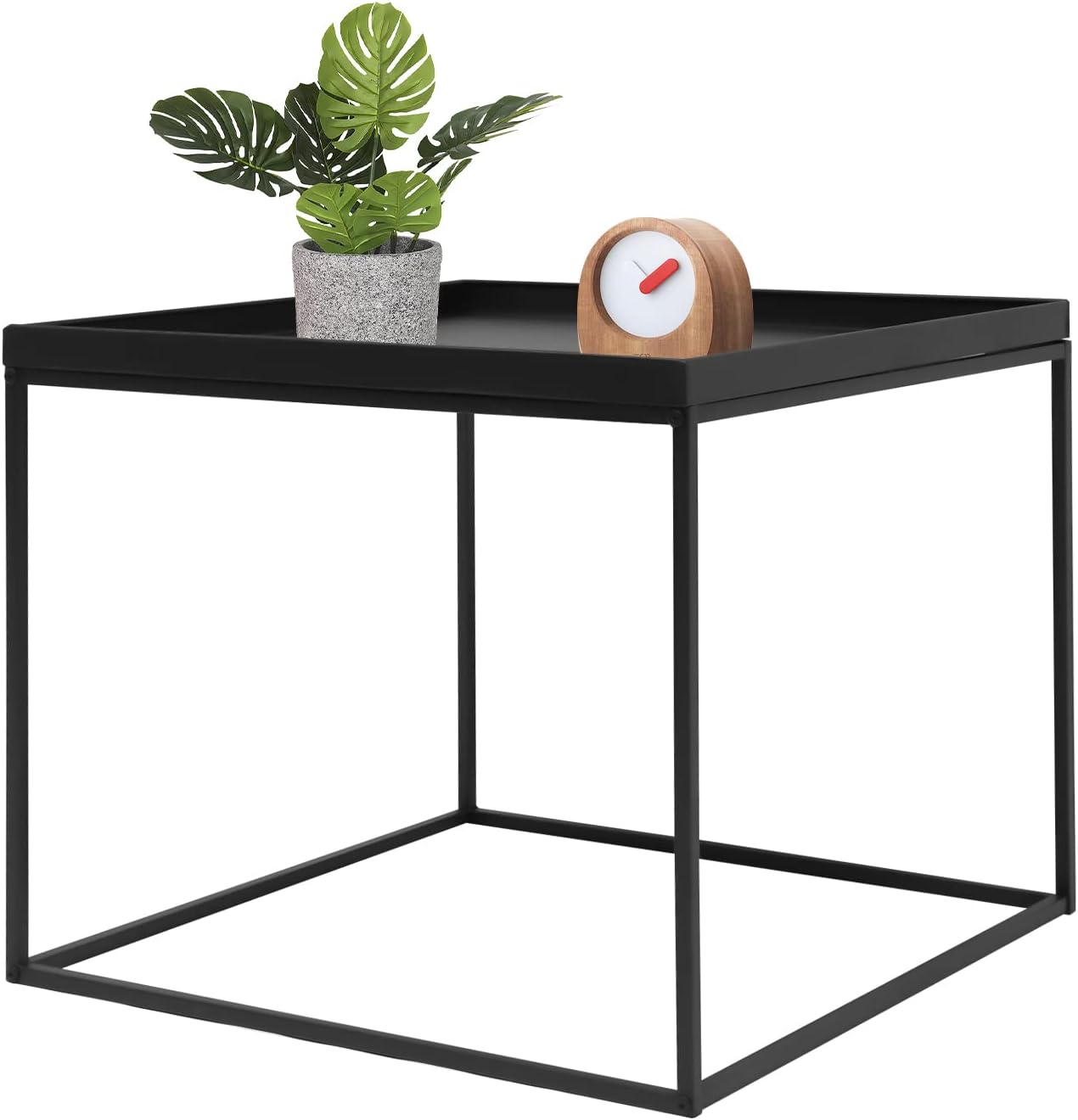 Modern Black Metal Side Table with Raised Edge, 24" Square Indoor Outdoor End Table for Living Room & Patio, 44lb Load Waterproof Accent Table