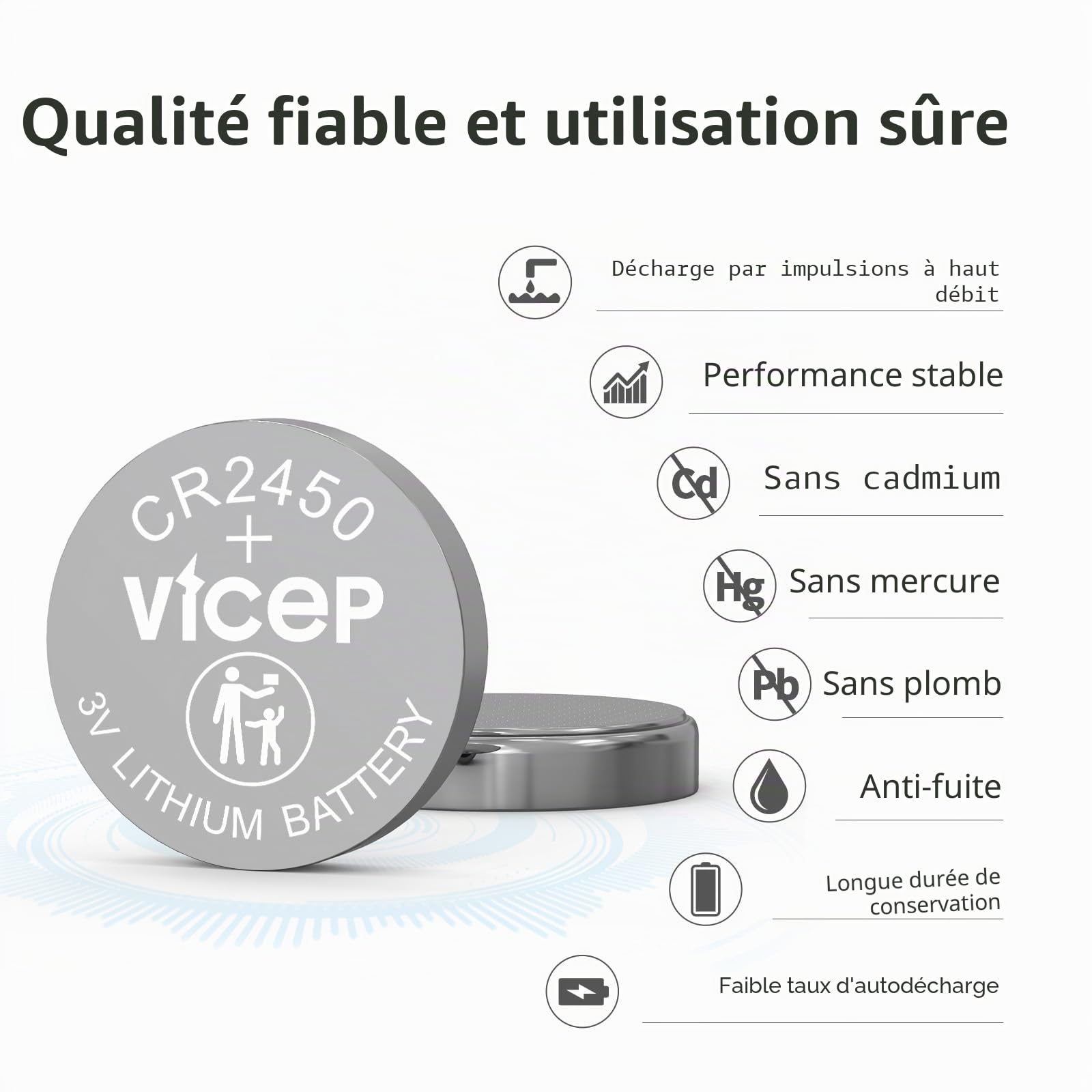 Lot de 100 Piles CR2450 Pile 2450 Lithium 3V pour Les détecteurs