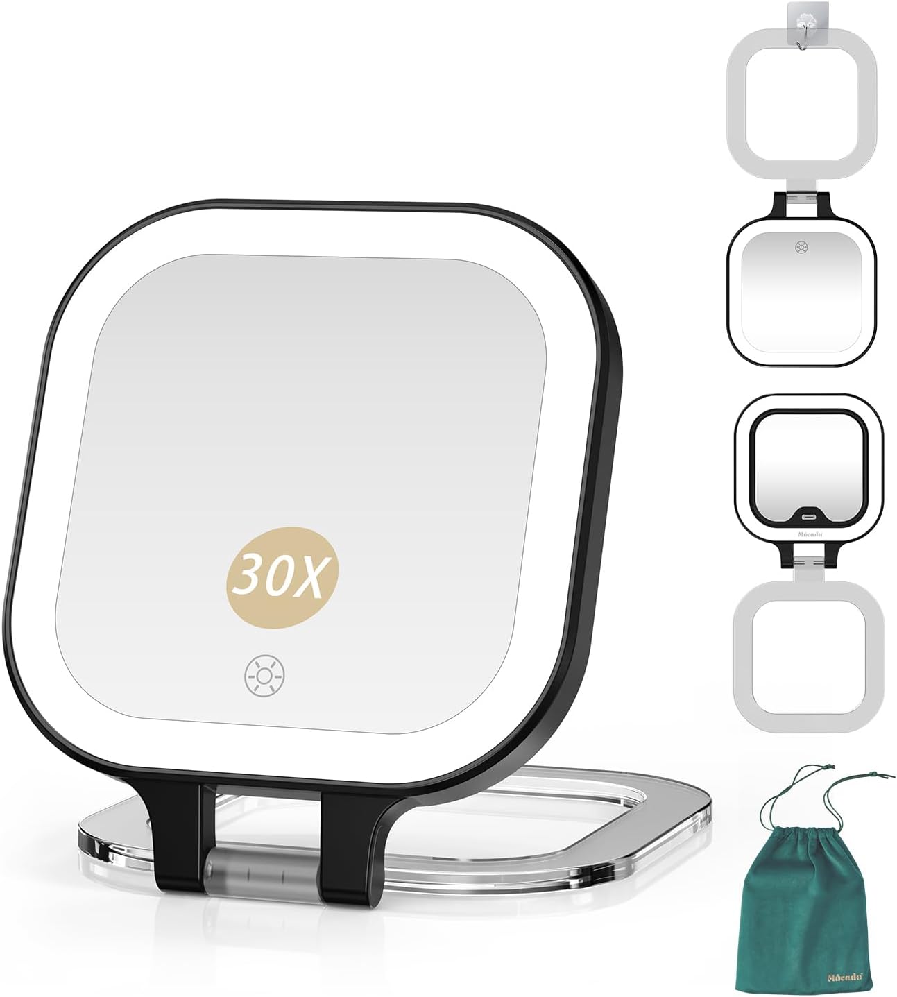 Mocado Compact Travel Makeup Mirror, 1X/30X Magnifying Mirror with Light, Double Sides Compact Mirror with 3 Color Light, Dimmable Handheld Mirror, Rechargeable Travel for Purse,Pocket(Black) C-30x Magnifying-black