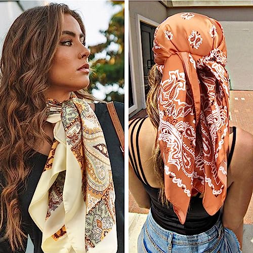 Image of DRESHOW 35 inch Large Square Satin Head Scarf - 4Pcs Silk Accessories Classic Patterned Squares Beach Bandanas for Women