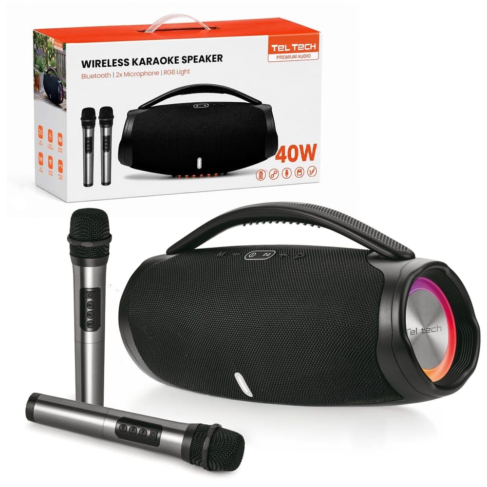 GŁOŚNIK BLUETOOTH BOOMBOX TELTECH TSK-05 2x20W (40W) + 2 MIKROFONY KARAOKE