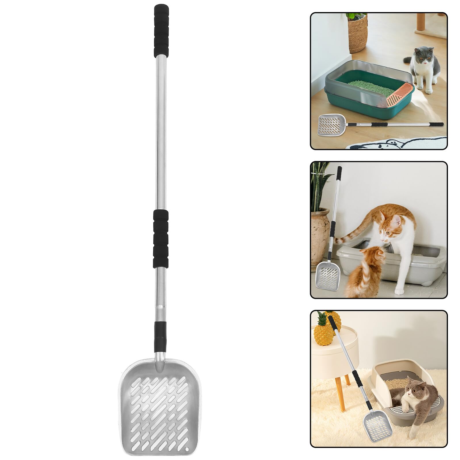 Paletta per Lettiera per Animali con Manico lungo Filtro Setaccio | Acciaio Inox e Eva, Argento, Uso Domestico per Separare i Rifiuti Dalla Lettiera, Utensile Riutilizzabile