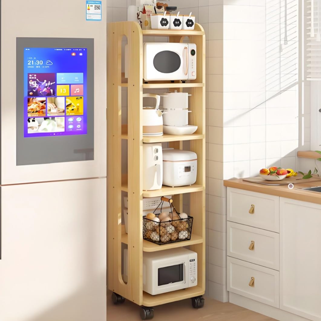 YVYKFZD Narrow Standing Shelf, Wooden Slim Storage Cart, Rolling Kitchen Utility Cart with Wheels, Freestanding Bathroom Organizer, for Dining Room, Pantry, Bakers(Wood,6 Tier 18.1"x10.2"x62.7")