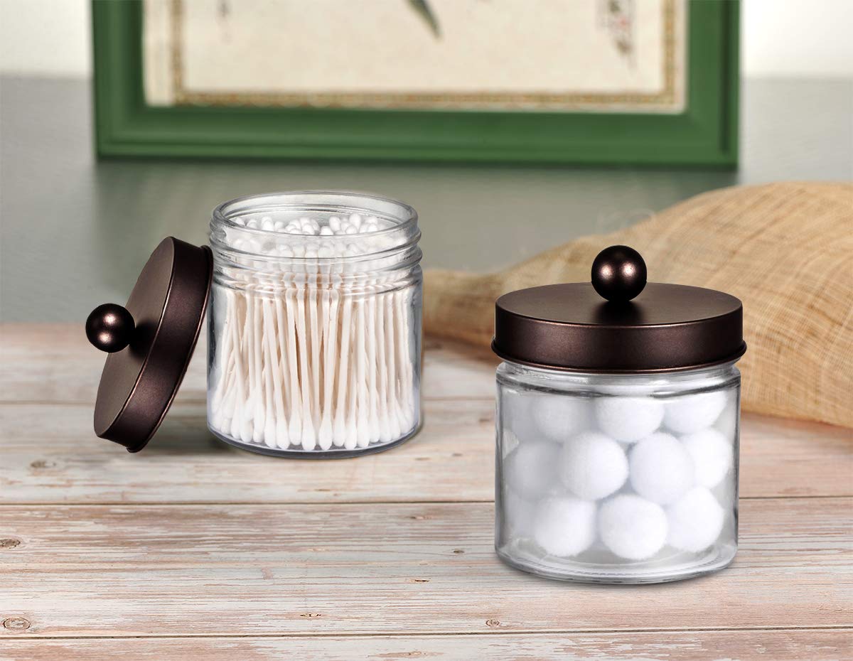 SheeChung Organizadores y almacenamiento de baño, paquete de 2 soportes Qtip, frascos de boticario para bastoncillos de algodón, redondos, bolas, Qtips, esponjas de maquillaje, hilo dental, sales de