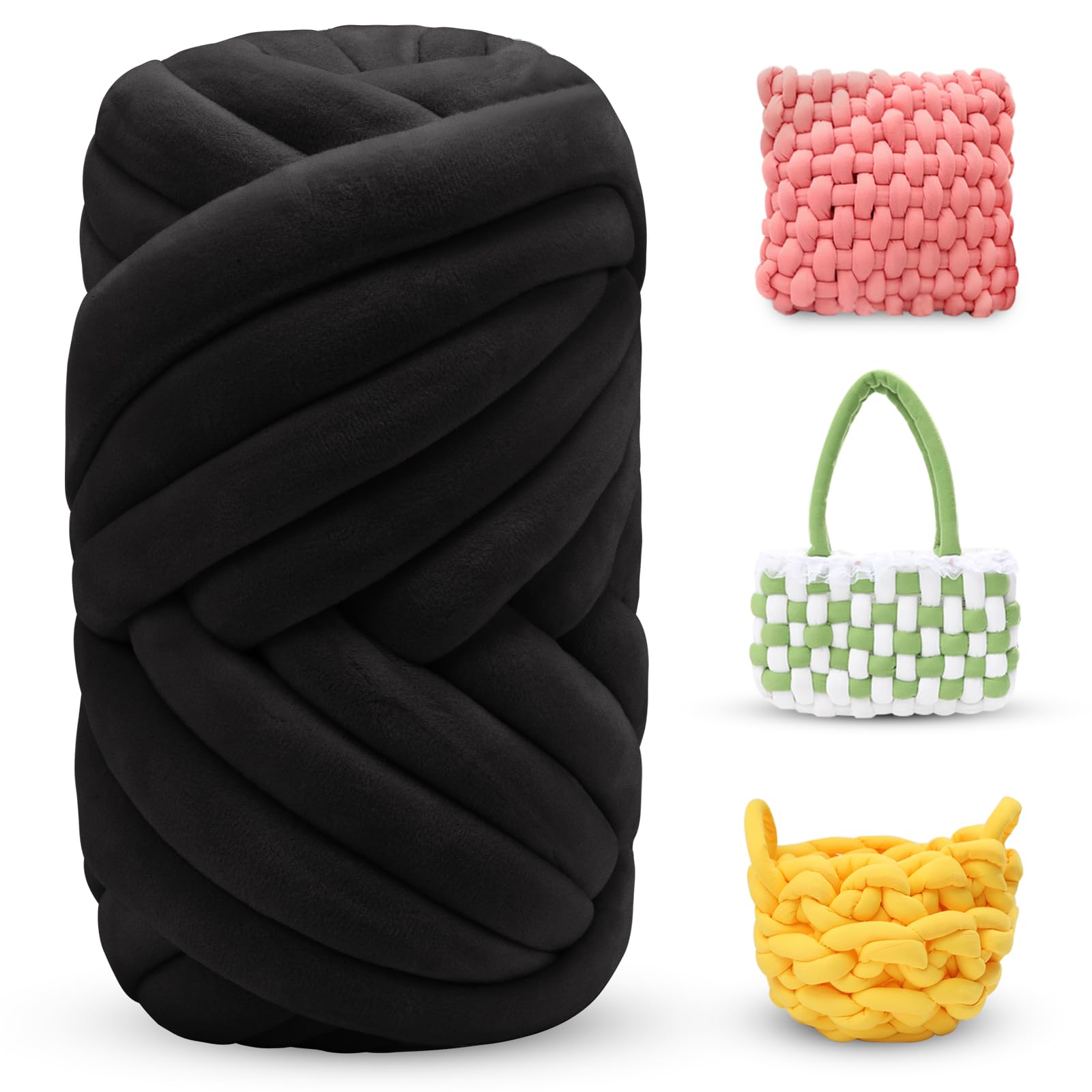 LEREATI Thick Chunky Yarn for Arm Knitting Jumbo Tube Soft Chunky Knit Blanket Velvet Yarn for Crocheting Handbags Hand Knitting Pet Bed Rugs Pillows Crafts (250g, Black)