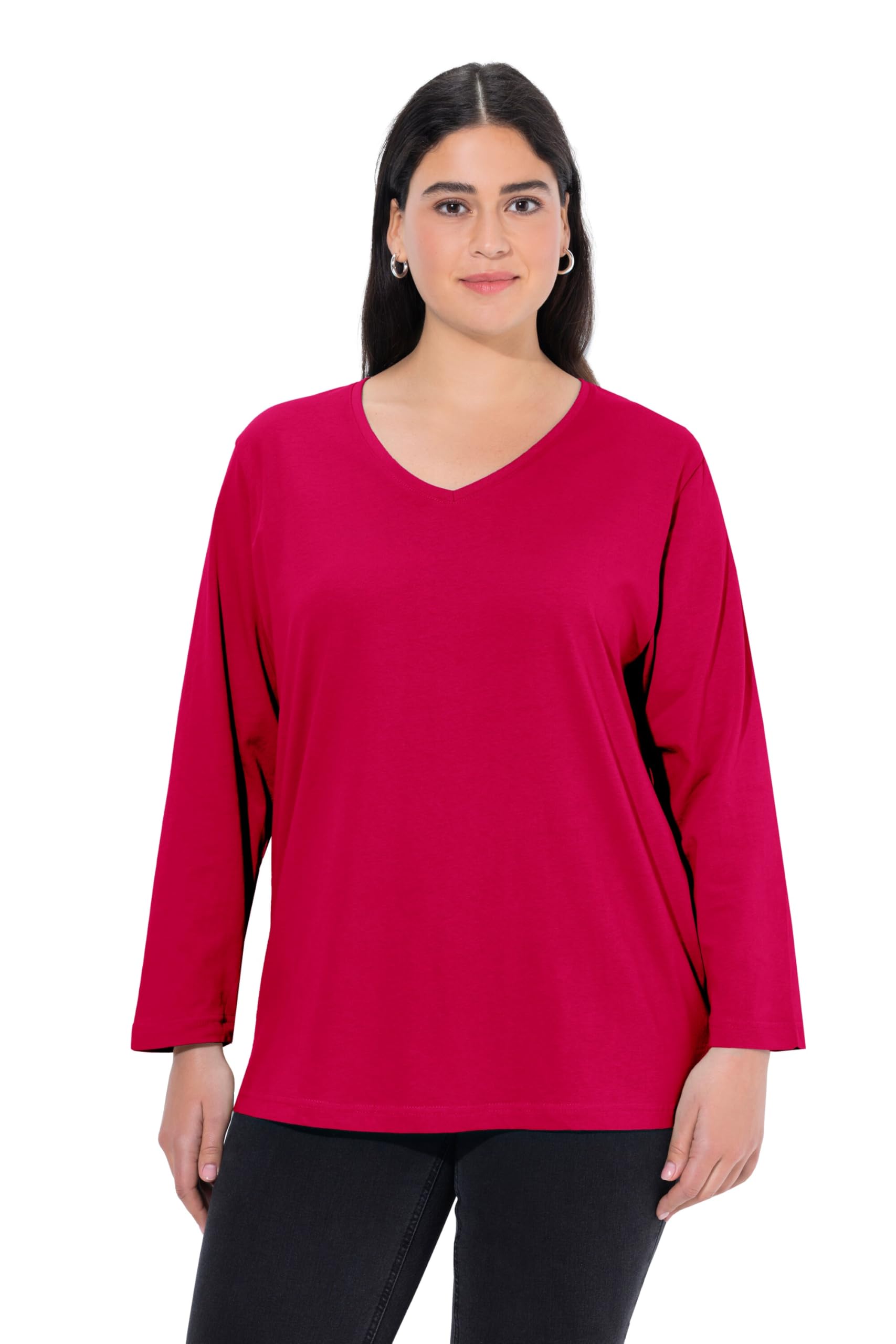 Ulla Popken Women's Basic V Shirt, Long-Sleeved Shirt, red, 24 UK/26 UK