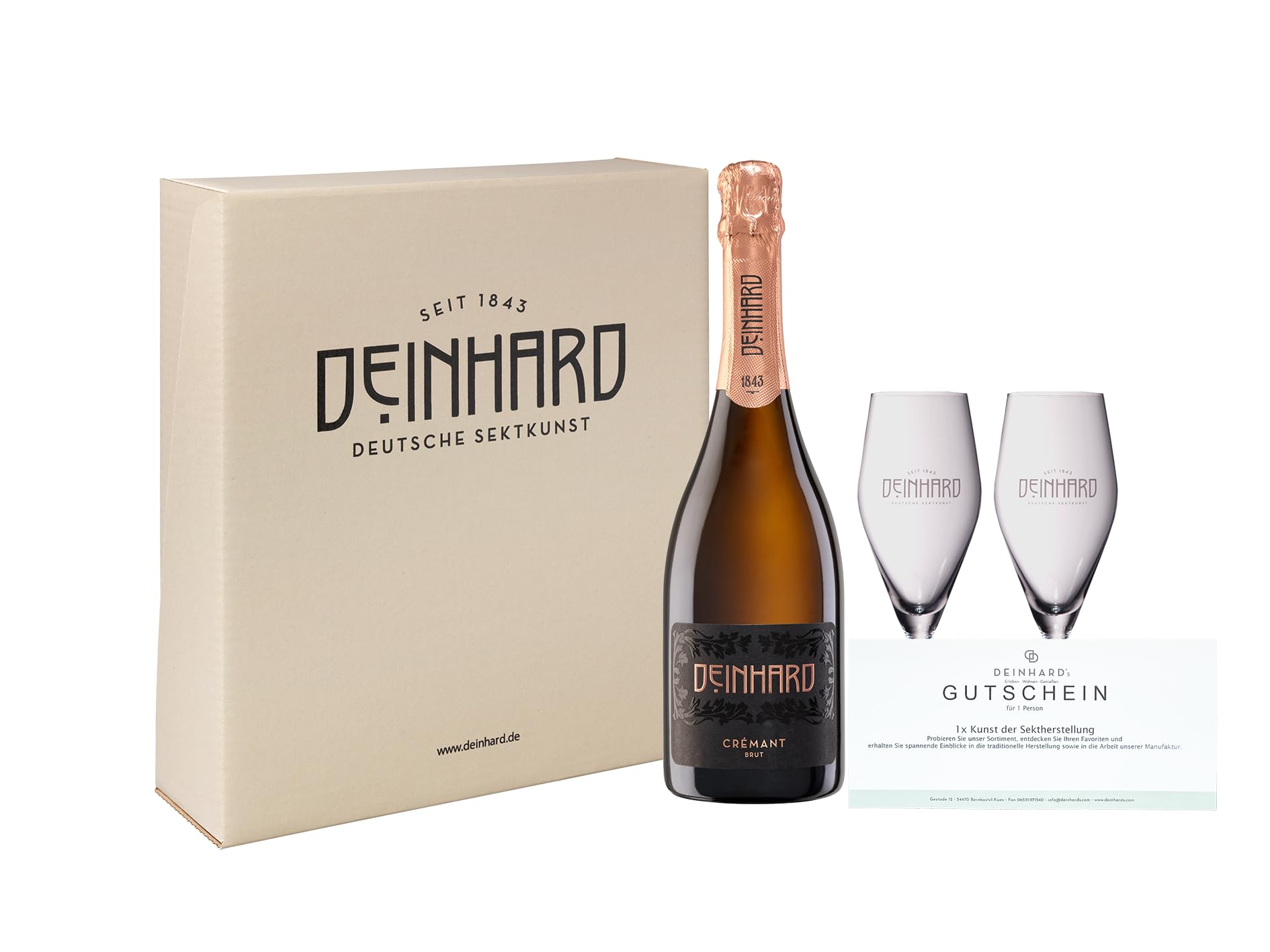 Deinhard Geschenkpaket Crémant brut 0,75 l + 2 hochwertige Sektgläser + Gutschein für eine Sektverkostung im Deinhard's Hotel im Wert von 25€