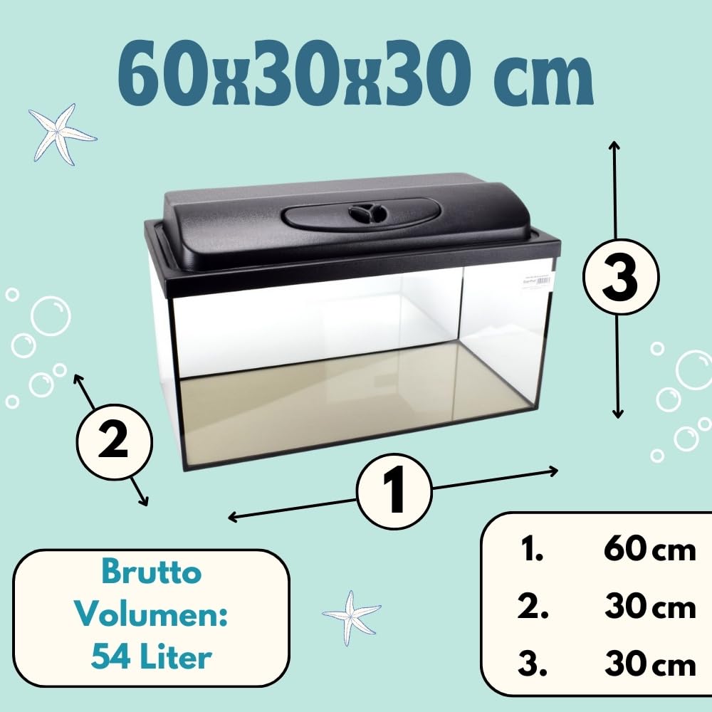 Aquarium Komplettset 60x30x30 54 L Starterset Becken mit Abdeckung inkl. LED Beleuchtung Aquarium Set Komplett