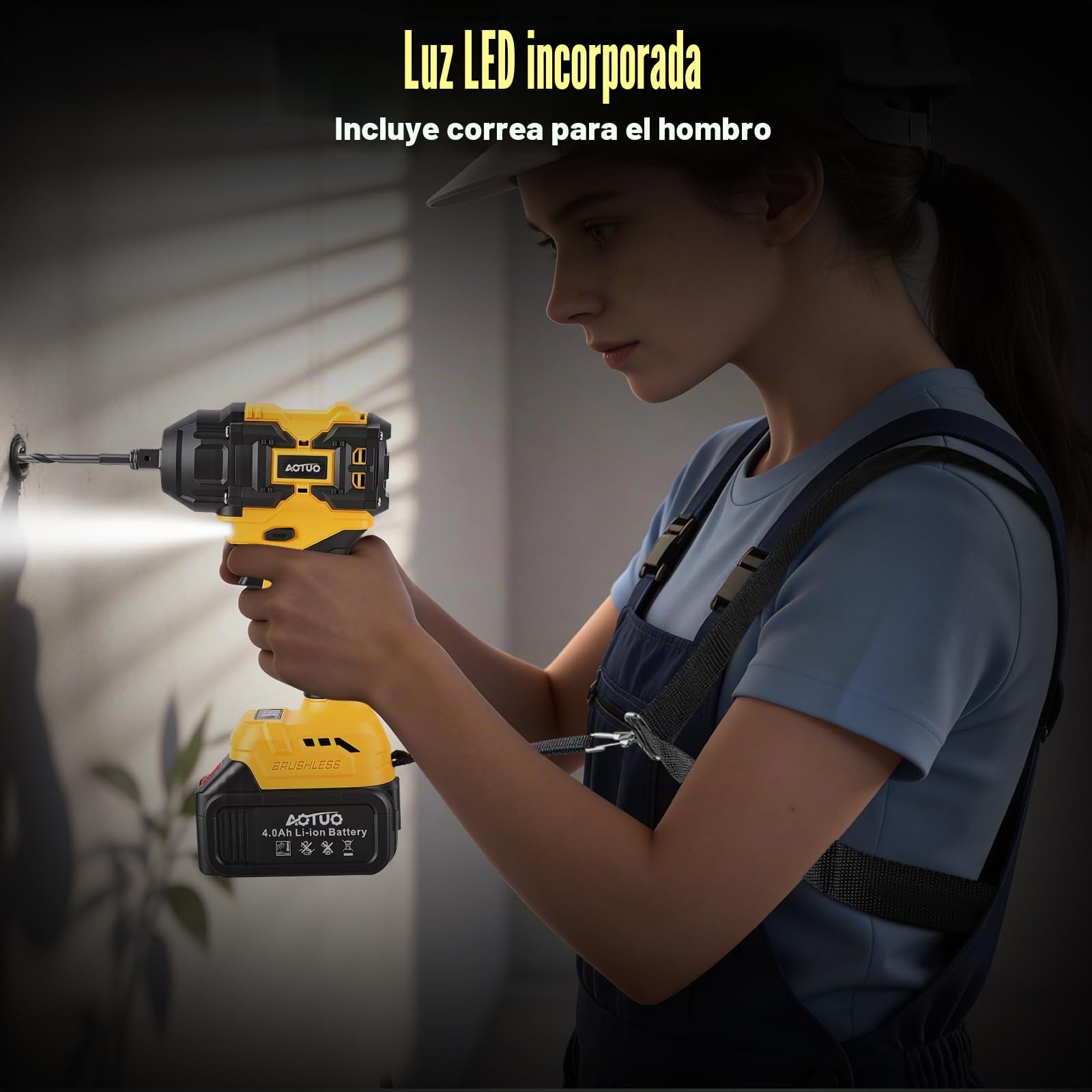Llave de Impacto Inalámbrica , 400N.m 21V 3 en 1 Pistola de Impacto Brushless Parada Automática 2 Baterías 4.0Ah Atornillador y Taladro de Impacto de 1,6kg para Bricolaje y Muebles 29 Accesorios