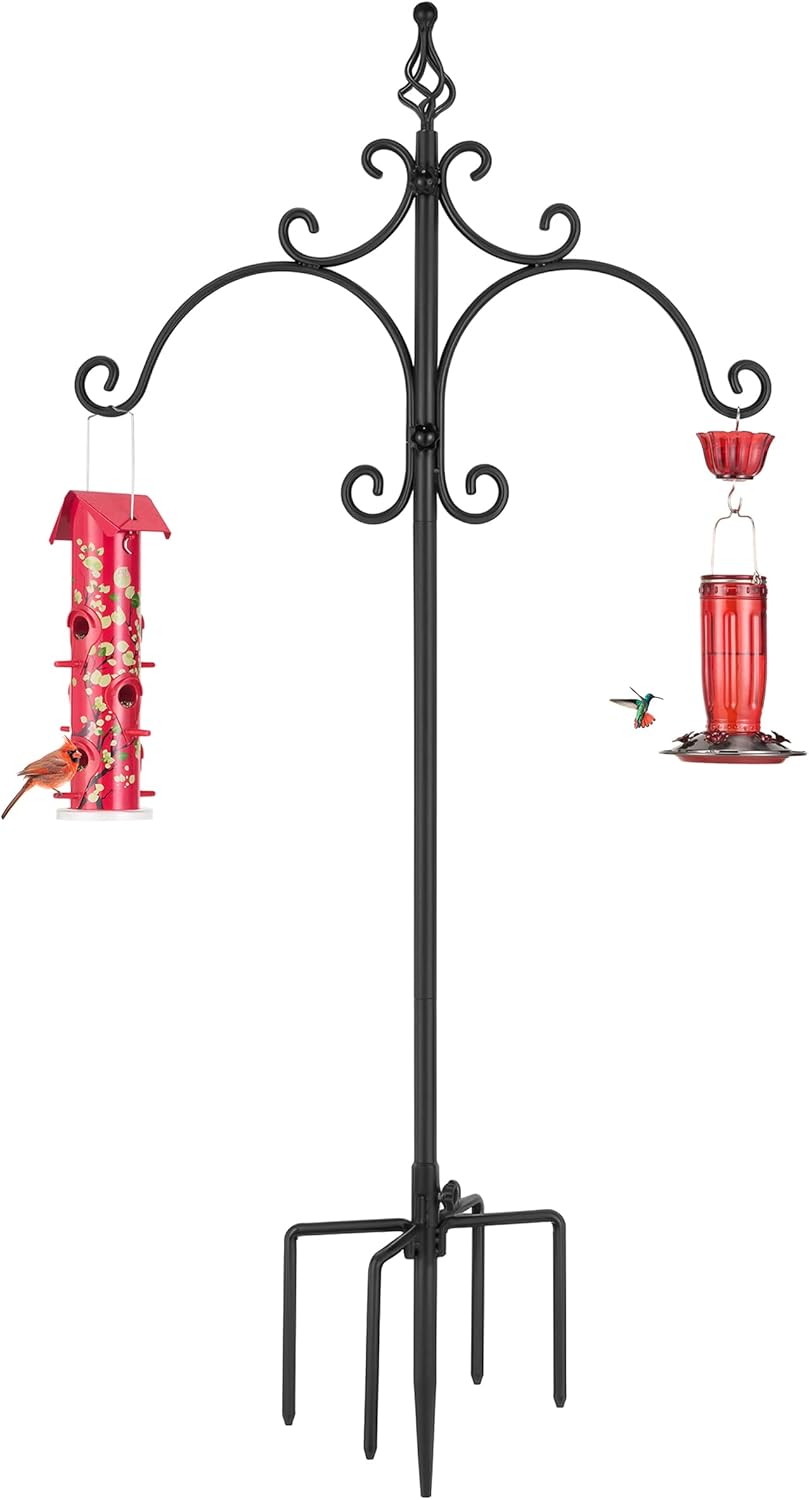 Kingsyard Double Shepherd Hooks for Outdoor - 60" Heavy Duty Decorative Bird Feeder Pole with 5-Prong Base, Adjustable Garden Pole for Hanging Bird Feeders Plants Solar Light Lantern, Black