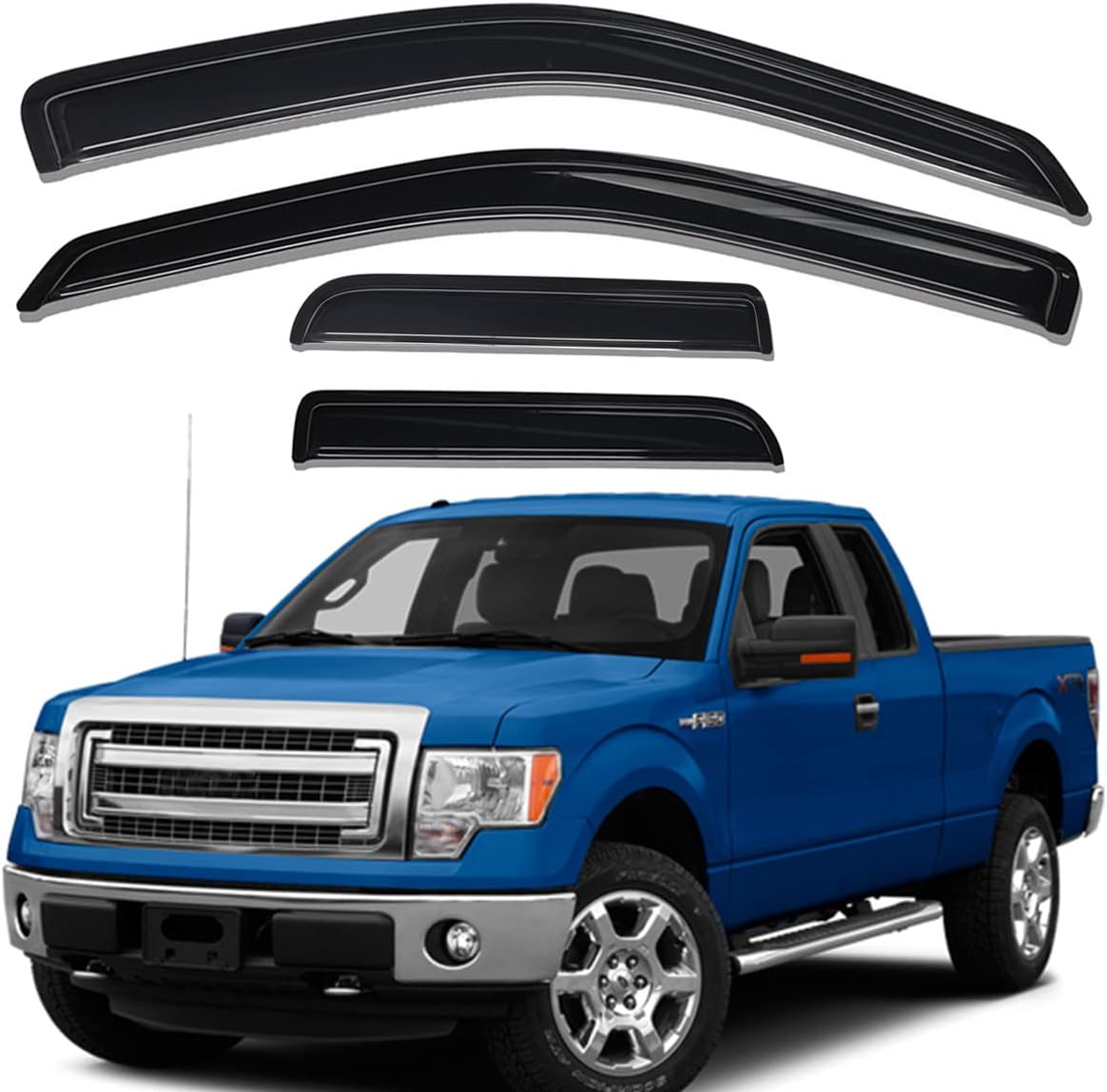 Lightronic WV94738 Tape-on Side Window Visor Deflector Rain Guard, Dark Smoke Shatterproof, 4 PCS Set for 2004-2014 Ford F-150 SuperCab