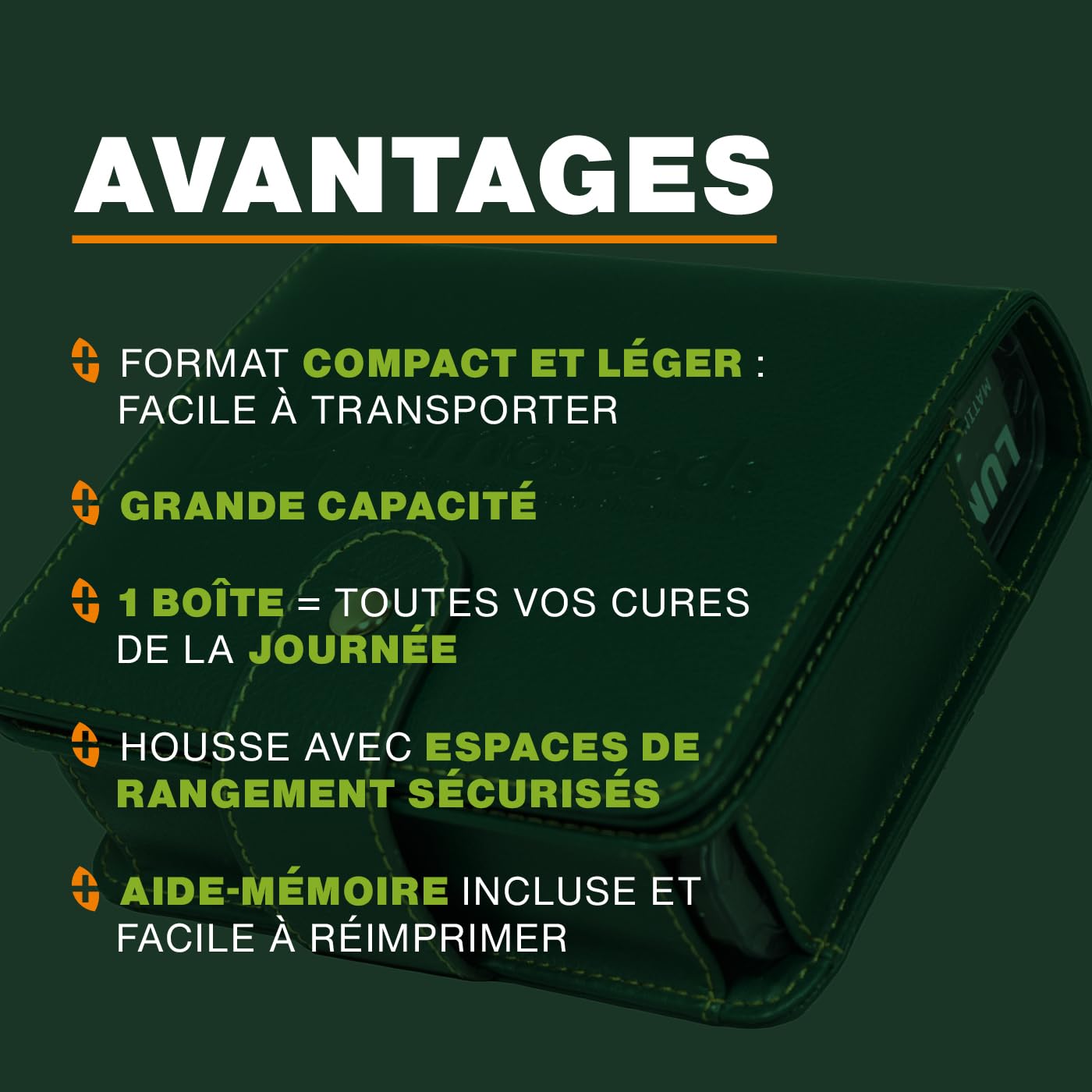 Pilulier Semainier Français | 4 prises par jour : matin, midi, soir, nuit | 28 Compartiments | Sans BPA | Housse similicuir | Qualité Supérieure