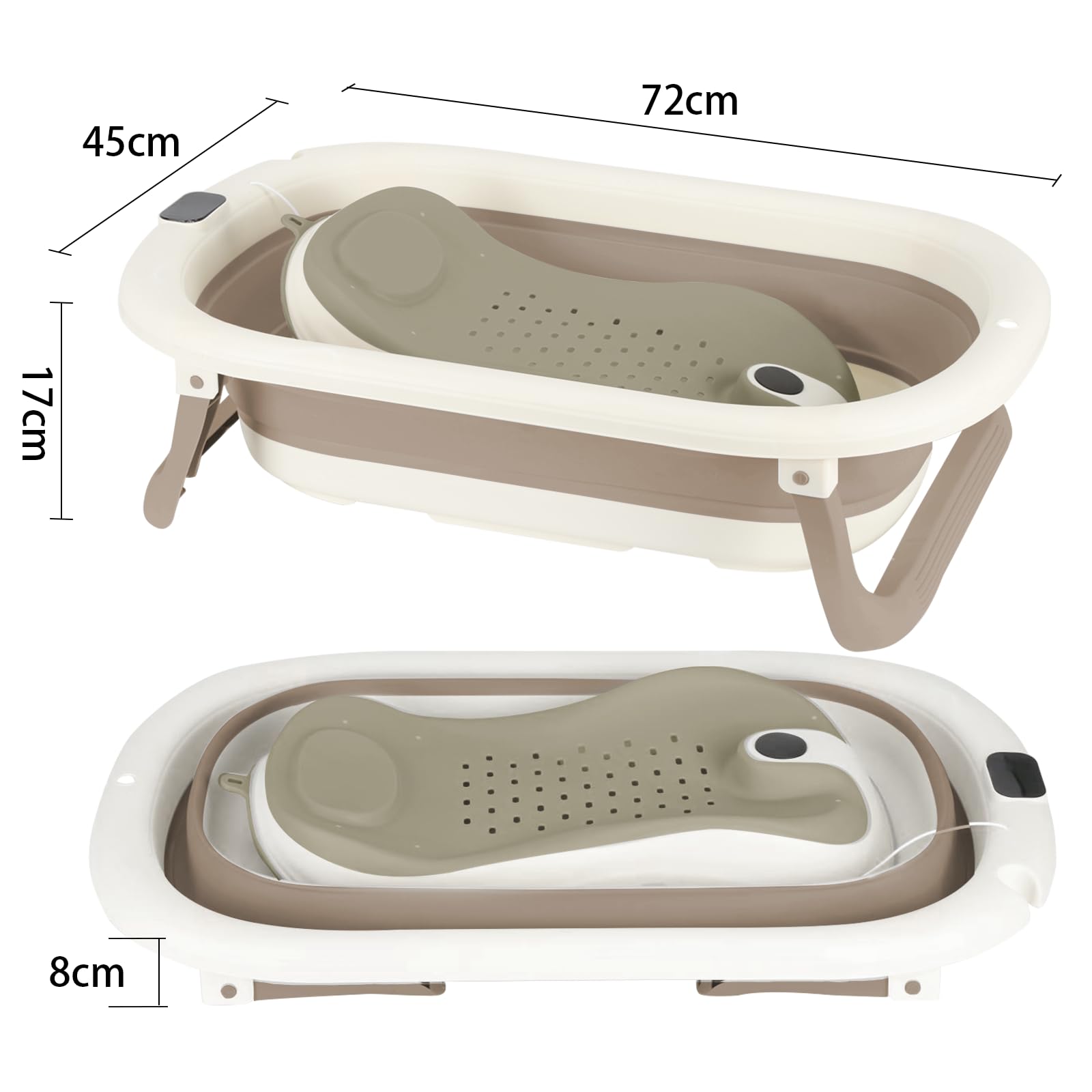 Faltbare Babybadewanne mit rutschfestem Kissen – Tragbares Design für Zuhause und Reisen – Baby-Babywanne zum Baden – zusammenklappbare Badewanne BB leicht zu reinigen – B-43 x 71 x 18,5 cm (Khaki)