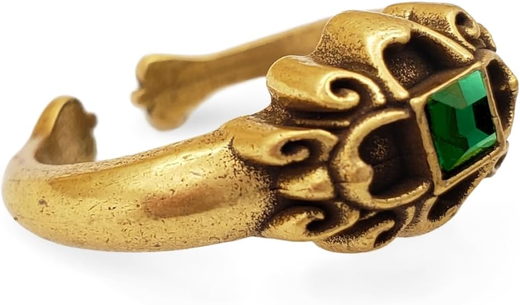 Ornate Adjustable Ring - Antiqued Gold-Plated Finish - Emerald Stone - Tudor Eworth Inspired