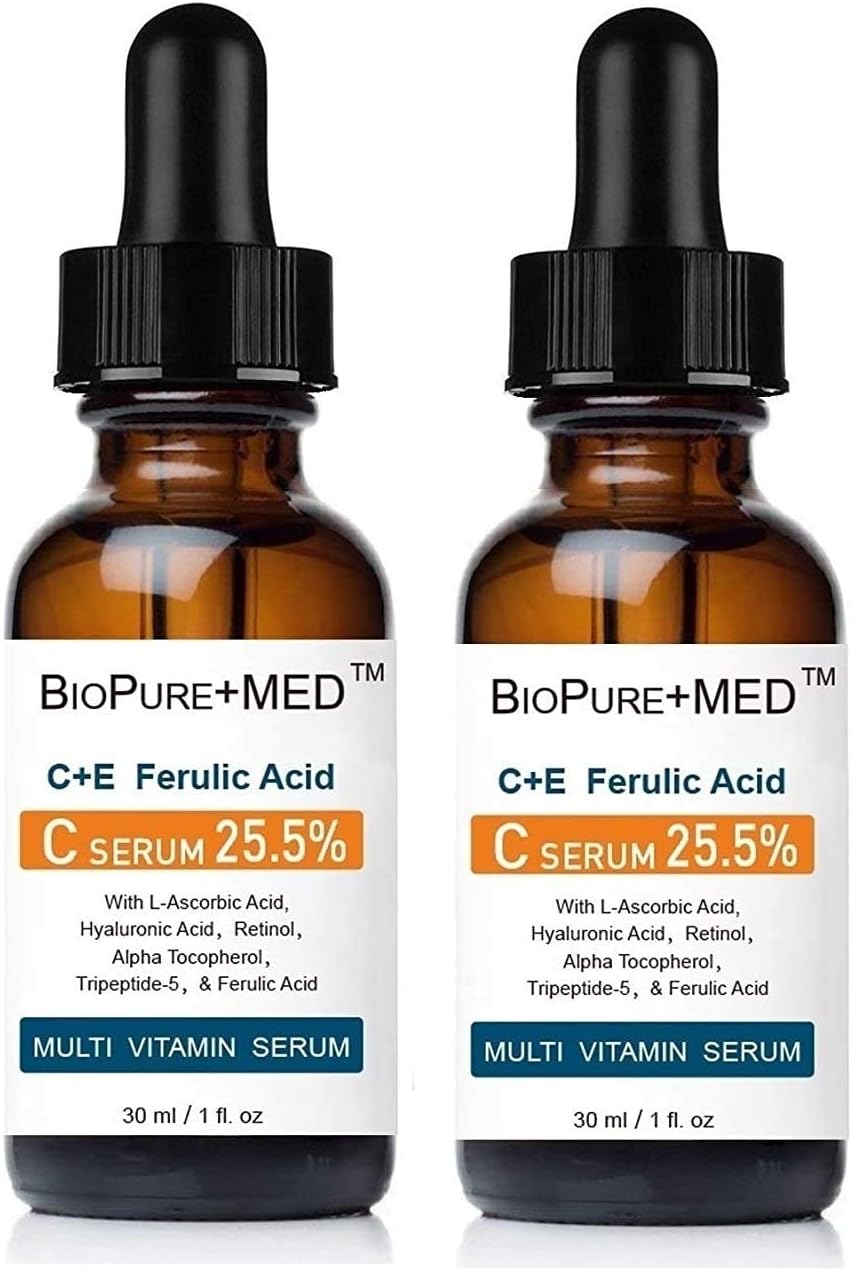 BioPureMED 25% Vitamin CE+Ferulic Acid Serum for Face: Anti Wrinkle Serum with Tripeptide-5, Retinol, Hyaluronic Acid tns Best Korean Organic Vitamin C Serum/Face Moisturizer (2 Pack)