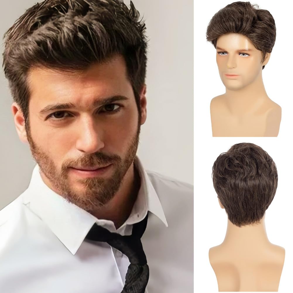 Mens Brown Short Wig Layered Natural Wigs for Male Guy Synthetic Hair Cosplay Daily Party Costume Full Wig