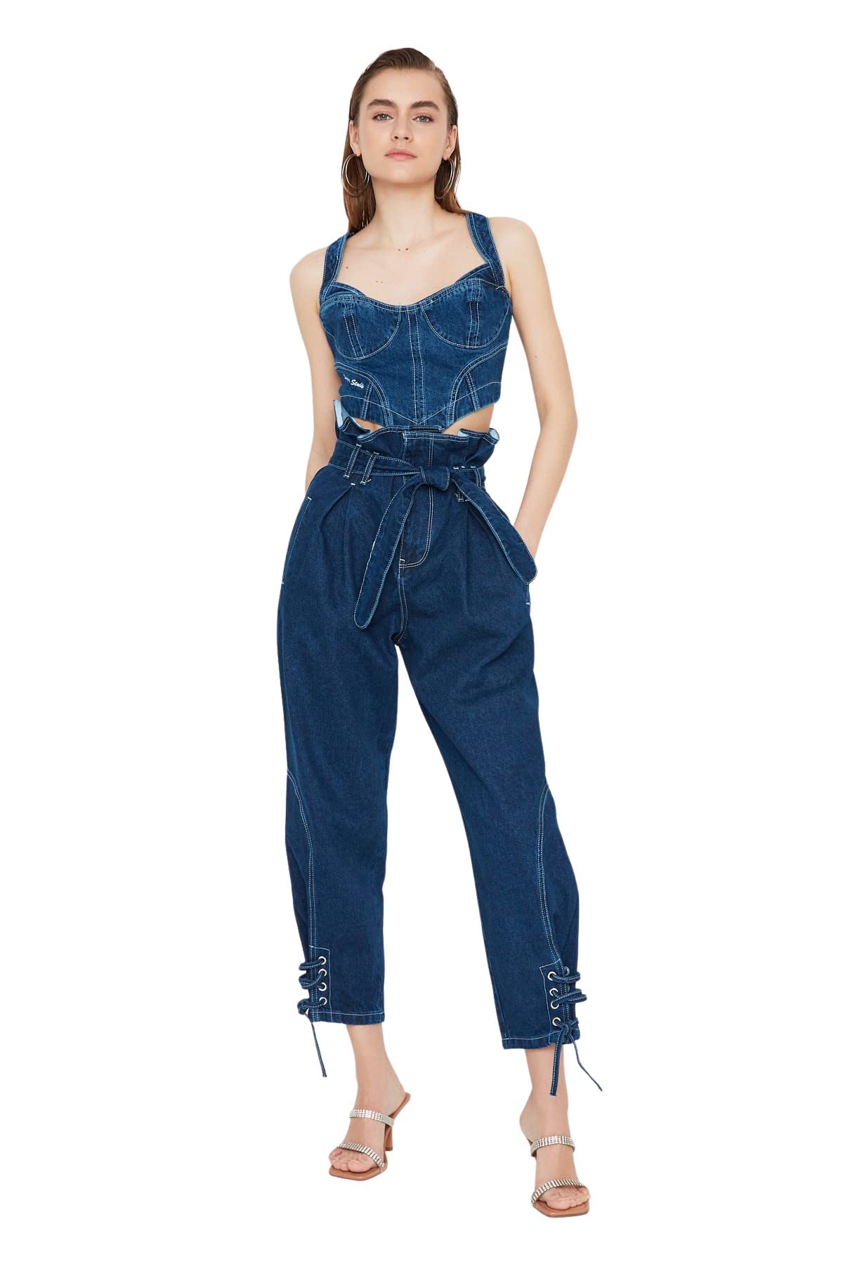 Trendyol Collection Damen Dunkelblau X Sagaza Studio Marineblaue Jeans Mit Gürtel Und Kordelzug Für - Größe 38