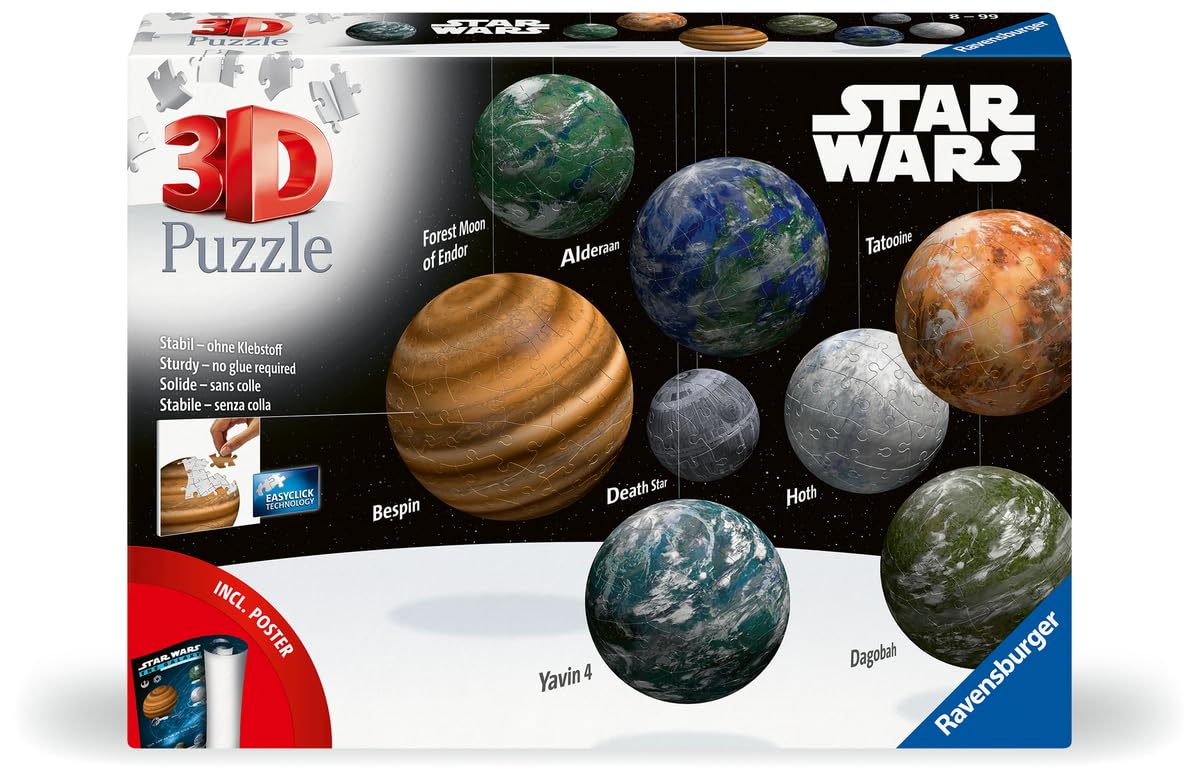 Ravensburger - Puzzles 3D Ball - Système stellaire Star Wars - A partir de 6 Ans - 8 Puzzles Ronds à Assembler sans Colle - Accessoires de Finition Inclus - 11577