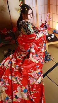 Amazon.co.jp: 遊女 芸者 振袖 成人式 赤色 着物 花柄 袴 卒業式 模様