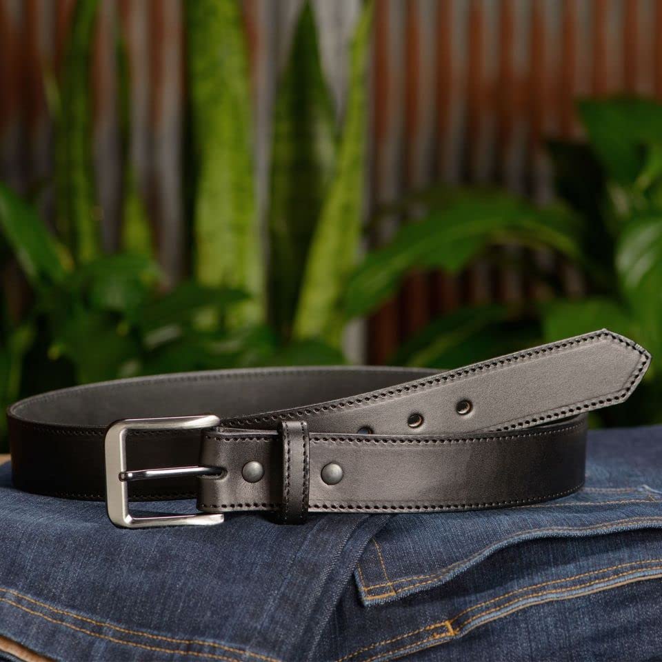 Bullhide Belts Mens Leather Belt, Genuine Full Grain Leather, Heavy-Duty, Nylon Stitched Belts for Work, Casual, Dress, 1.50