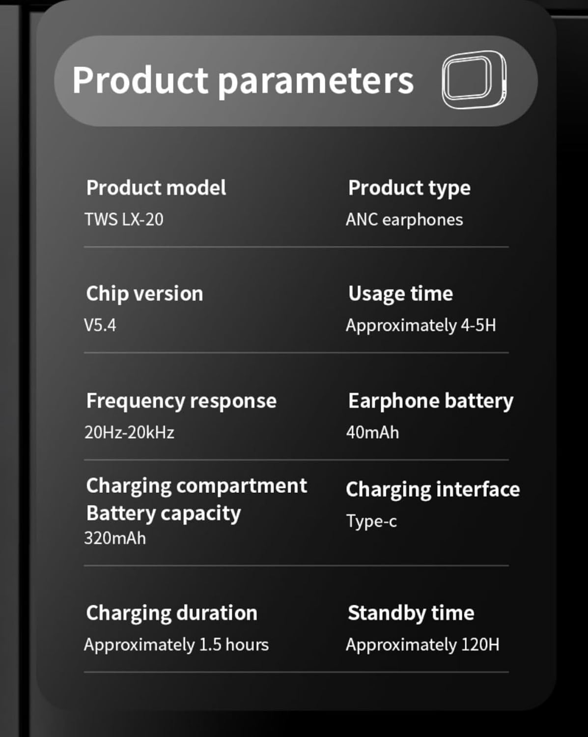 Table showing product parameters for bjlysk LX-20, including model, type, chip version, usage time, frequency response, earphone battery, charging compartment battery capacity, charging interface, charging duration, and standby time.