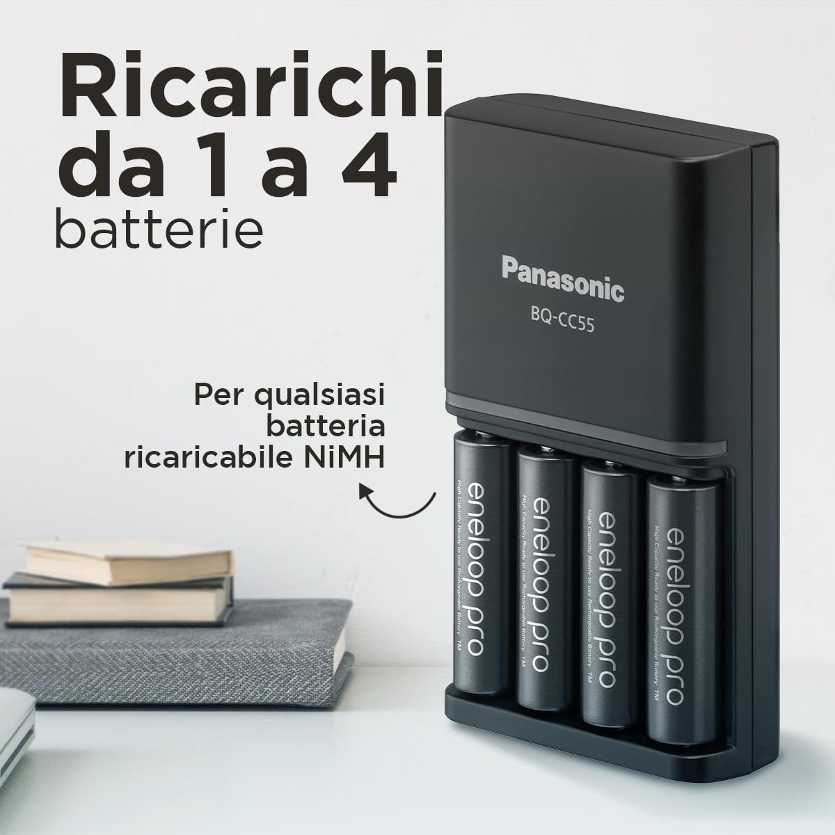 eneloop Caricabatterie SmartPlus per Batterie AA/AAA Ni-MH, Include 4 Batterie AA 2500mAh, Ricarica Rapida 2 Ore, con 10 Funzioni di Sicurezza