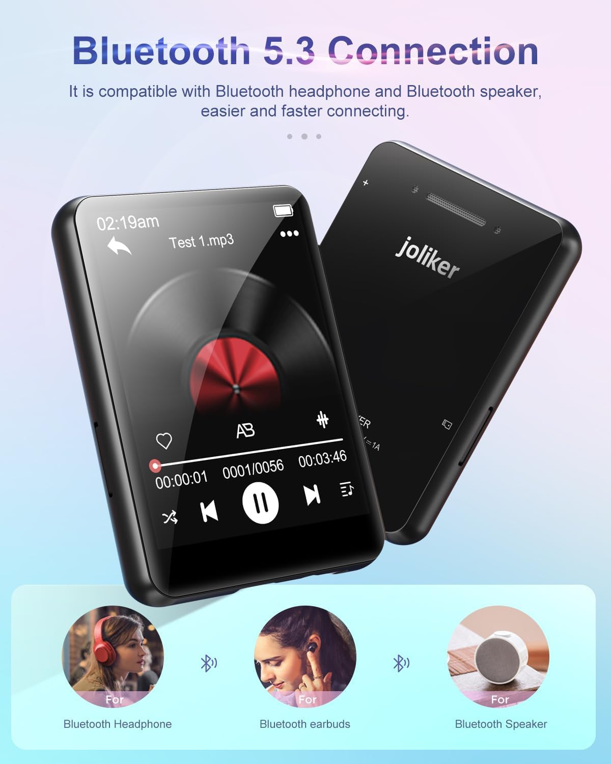 64GB Lettore MP3 Bluetooth 5.3, Lettore Audio Portatile HIFI Lossless con Altoparlante, Radio FM, Line-in Registrazione Vocale, E-book, Full Touch Schermo Lettore Musicale, Supporto fino a 128GB