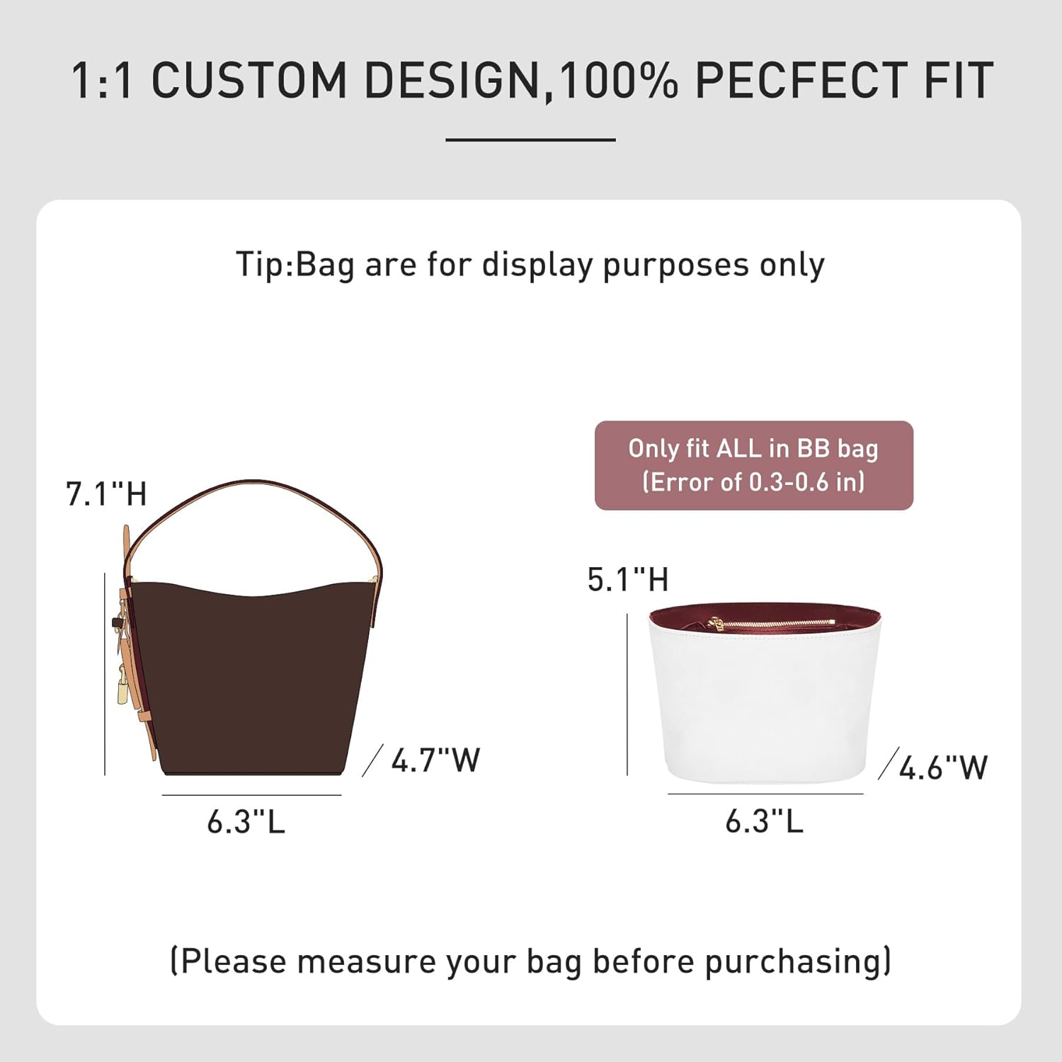 Purse Organizer Insert for Lv ALL In BB Handbag,Premium Lightweight Water Resistant All in BB Bag Insert,Bags Shaper Divider Purse Accessories with Zipper,White-Wine - Image 2