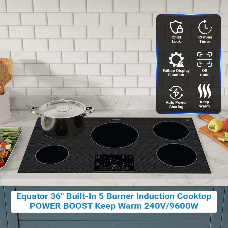 36" 5-Burner Built-In Induction Cooktop - 9200W, Touch Control, Black Glass (220-240V) 5 thumbnail image