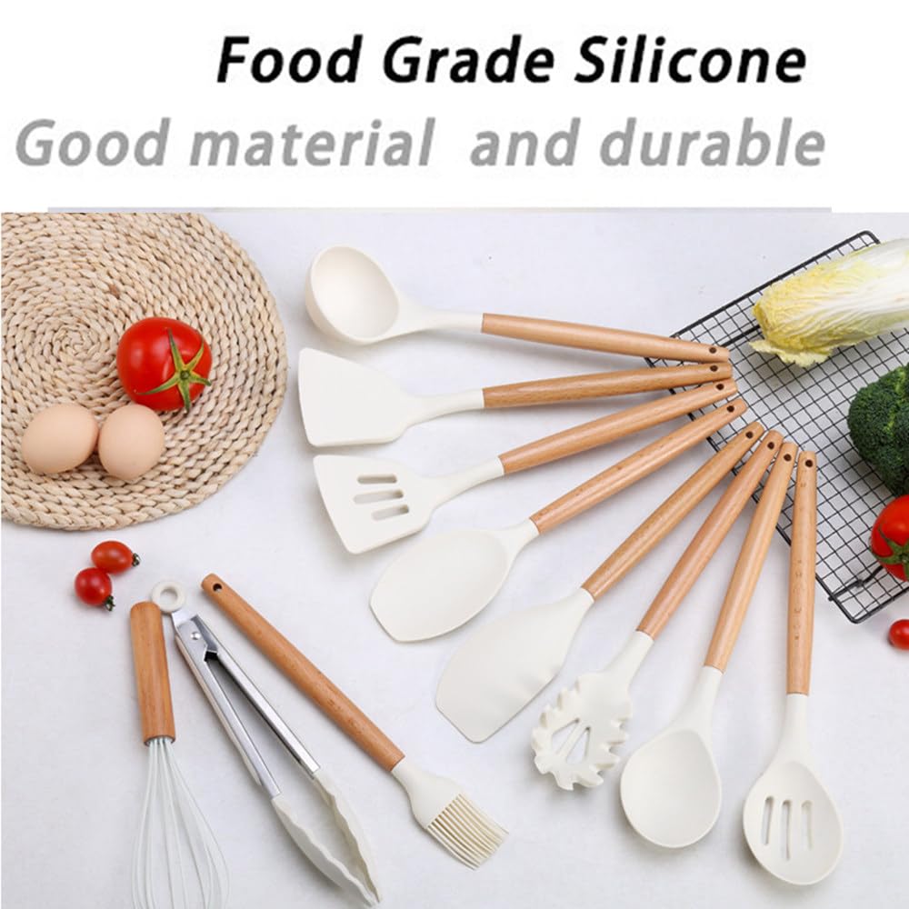 Set di 33 Utensili da Cucina in Silicone Alimentare con Manici in Legno; Kit Completo di Accessori per Cucinare Comprensivo di Misurini, Delicati su Pentole E Padelle Antiaderenti Black