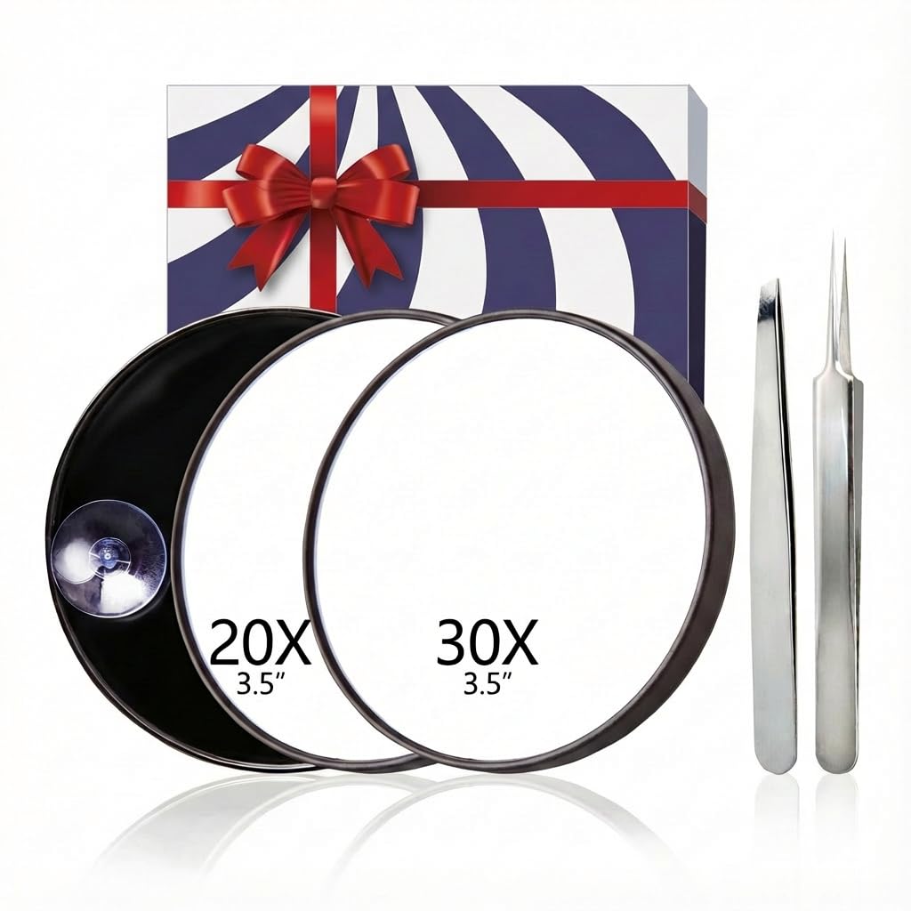 KinzraMira Magnifying Mirror with Precision Tweezers Set, Tweezers for Facial Hair Women, 30X 20X Travel Magnifying Mirror, Make Up Mirror Set