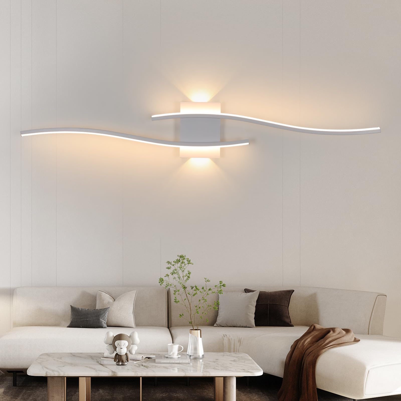 DELIPOP Lámpara de Pared Moderna LED, 27W Blanco Aplique de Pared con Forma Curva, Luz Cálida 3000K Iluminación Interior para Dormitorio Salón Pasillo Oficina
