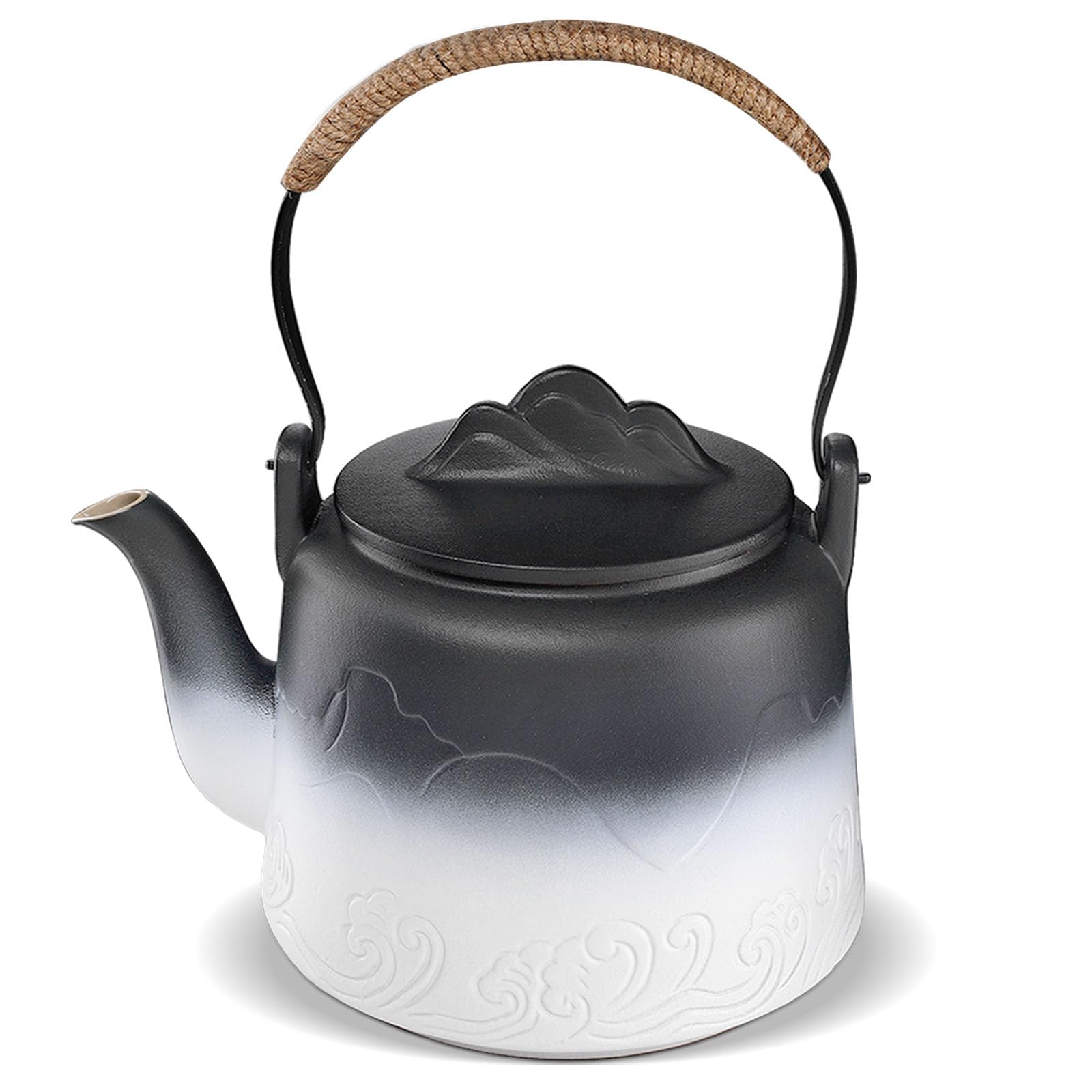 ZENS Vintage Japanese Teapot, 33.8 oz Gradient Embossed Ceramic Loose Leaf Tea Pot with Built-in Filter for Tea Steeper, Hemp Rope Handle Japanese Teapot for Tea Lovers Gifts, Black & White