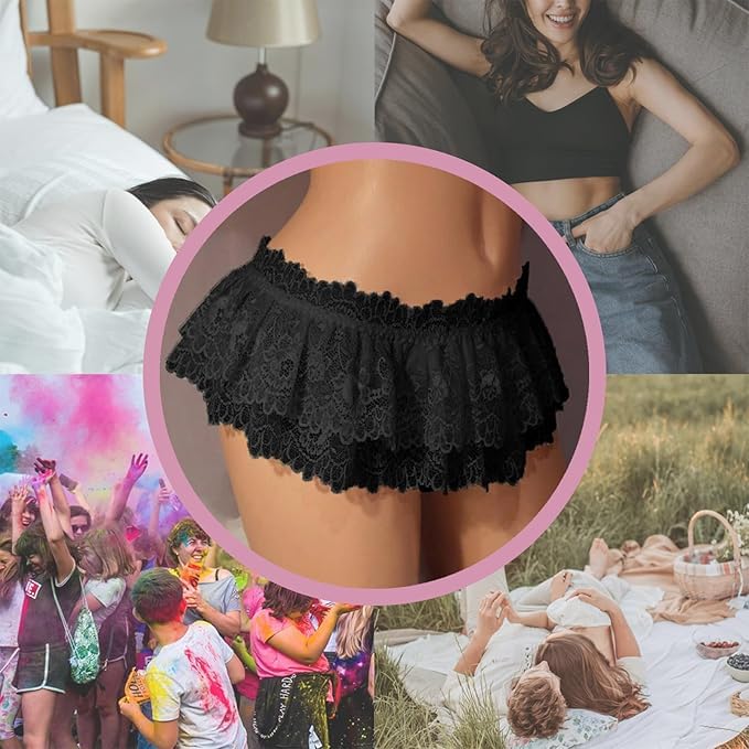 WBDWWTD Damskie seksowne stringi Mini spódniczka z podwójną warstwą koronkowej falbany Majtki Bielizna spódnica Plus rozmiar Miękka koronkowa spódnica Stringi Elastyczny niski stan Falbana ze