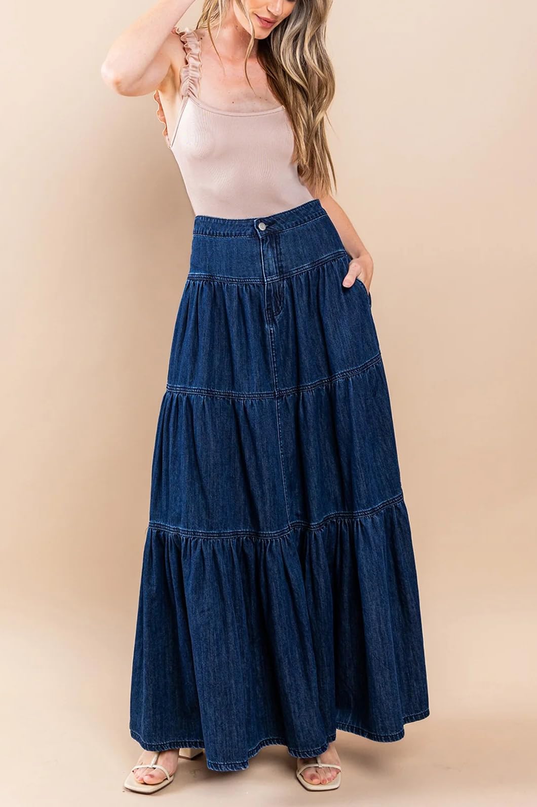 Falda de Mezclilla Maxi Informal con gradas de una línea para Mujer Falda Larga de Mezclilla Boho Plisada con Columpio Fluido