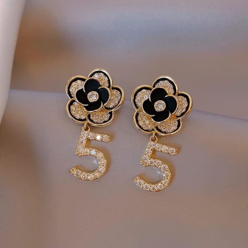 Celebrity Designer Elegant Rhinestone Dangle Drop Luxury Camellia Black Number 5 Earrings Valentine's Day Gift - Image 5